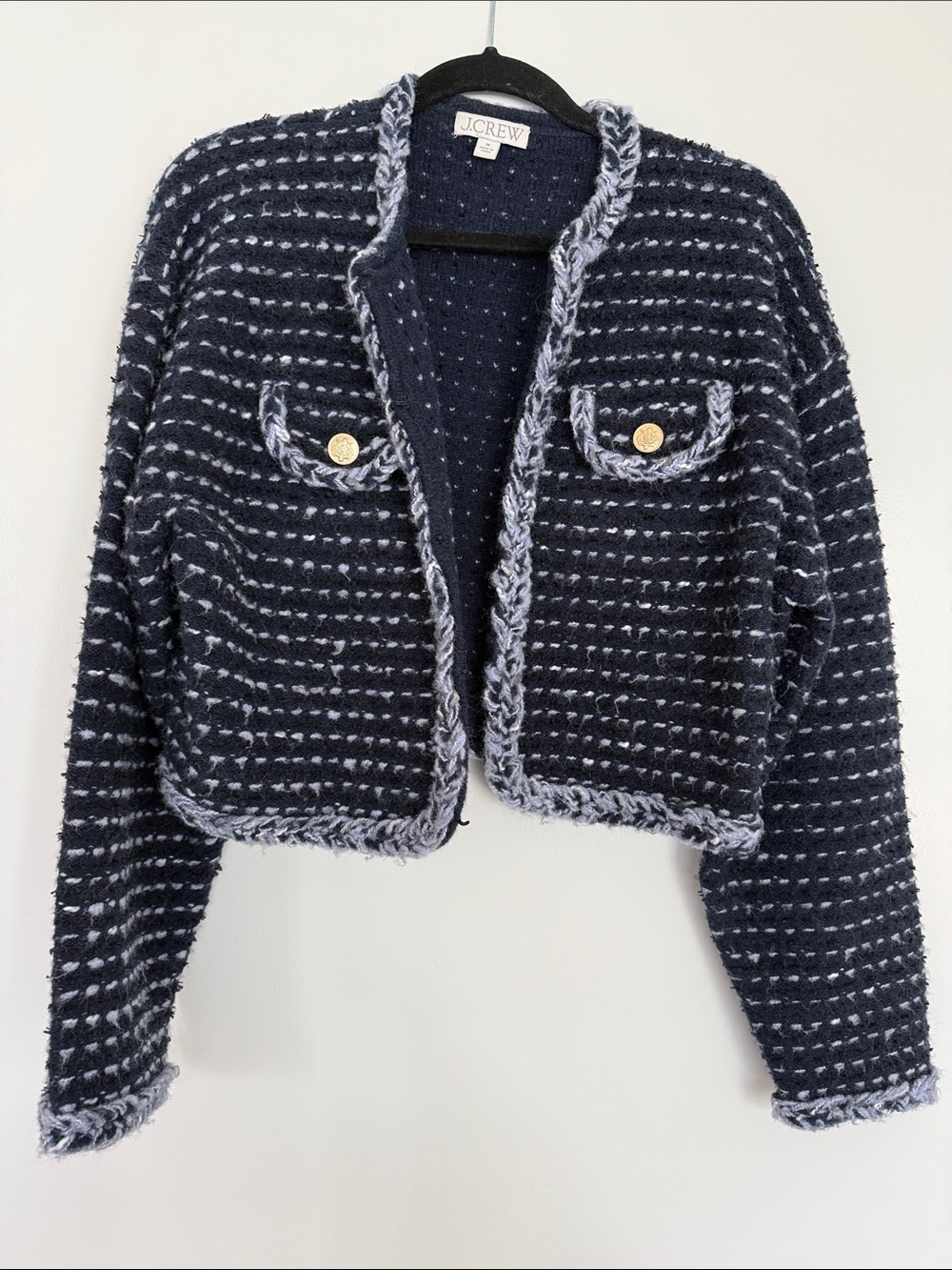 J. Crew Navy Cropped sweater with Light Blue Trim